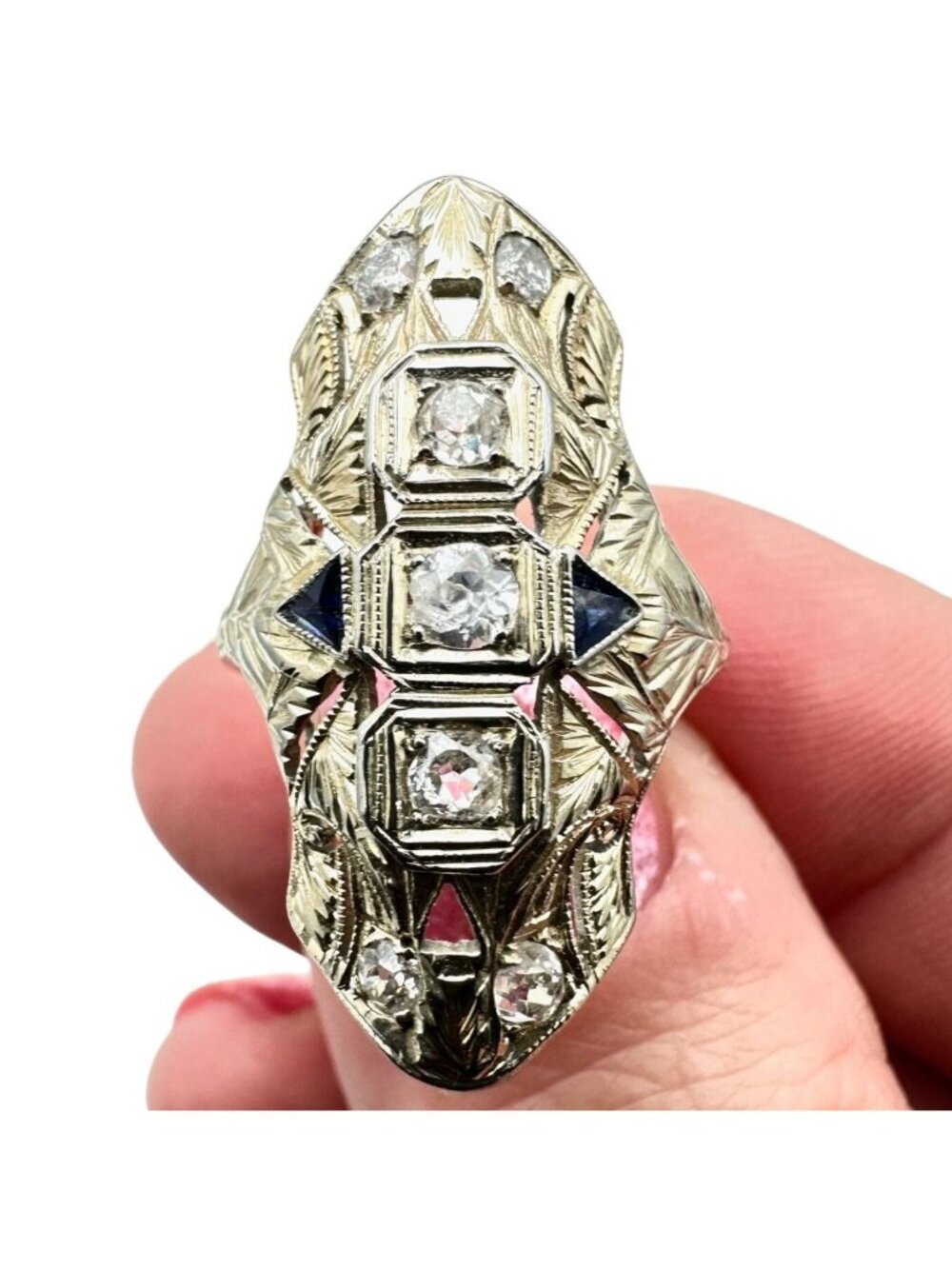 European 20K White Gold Womens Ring Diamond Blue Sapphire Art Deco 1920s Antique